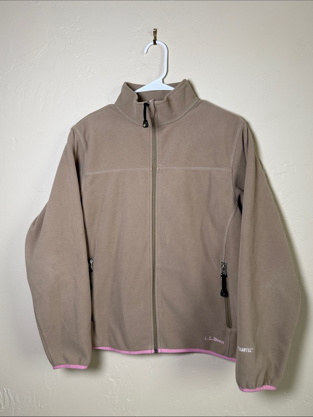 L.L. Bean Taupe Fleece Zip Jacket with Pink Trim